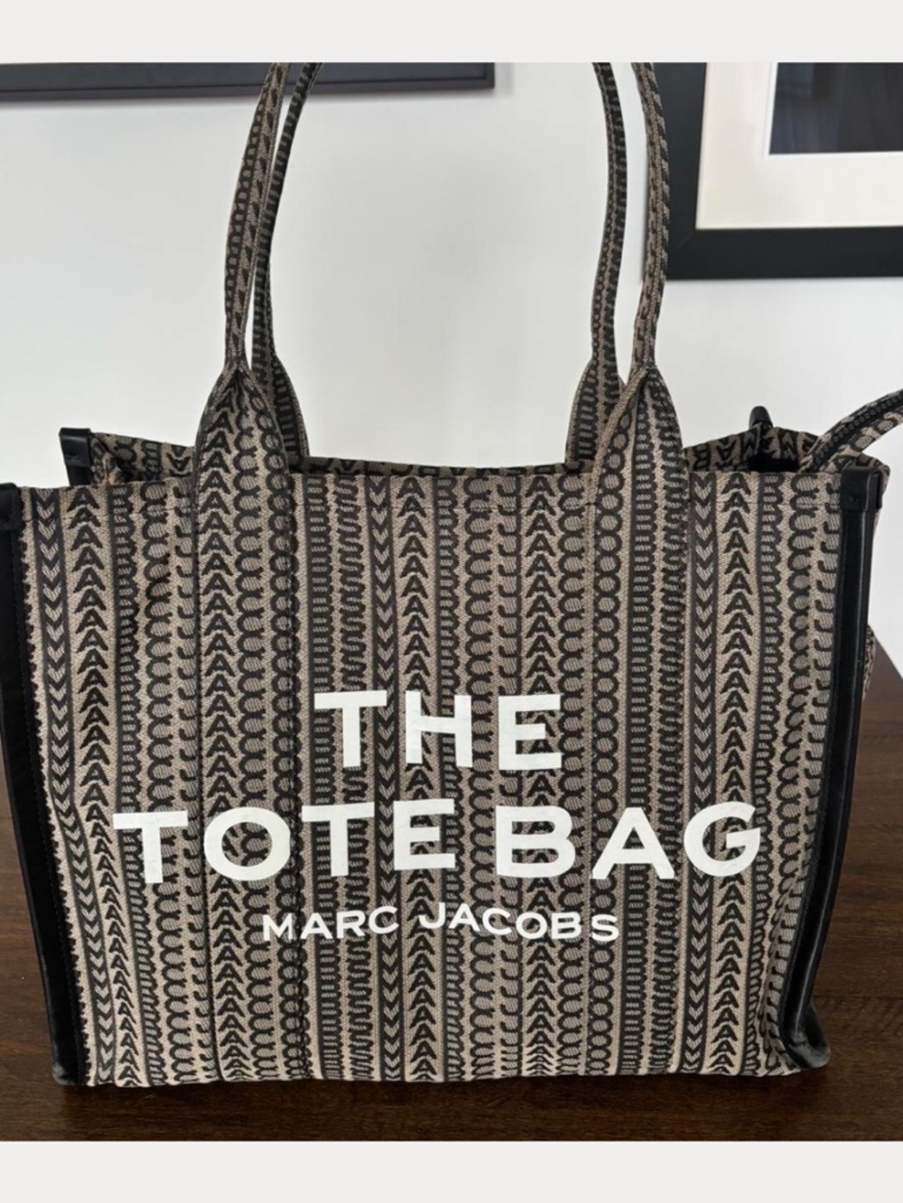 Marc Jacobs "THE TOTE BAG" - Black & Cream Logo Patterned Canvas Tote